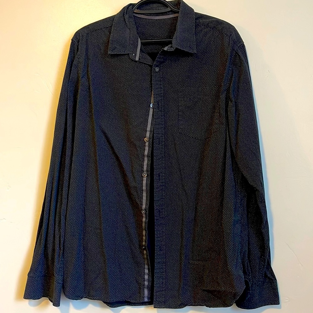 Black long sleeve button down shirt.